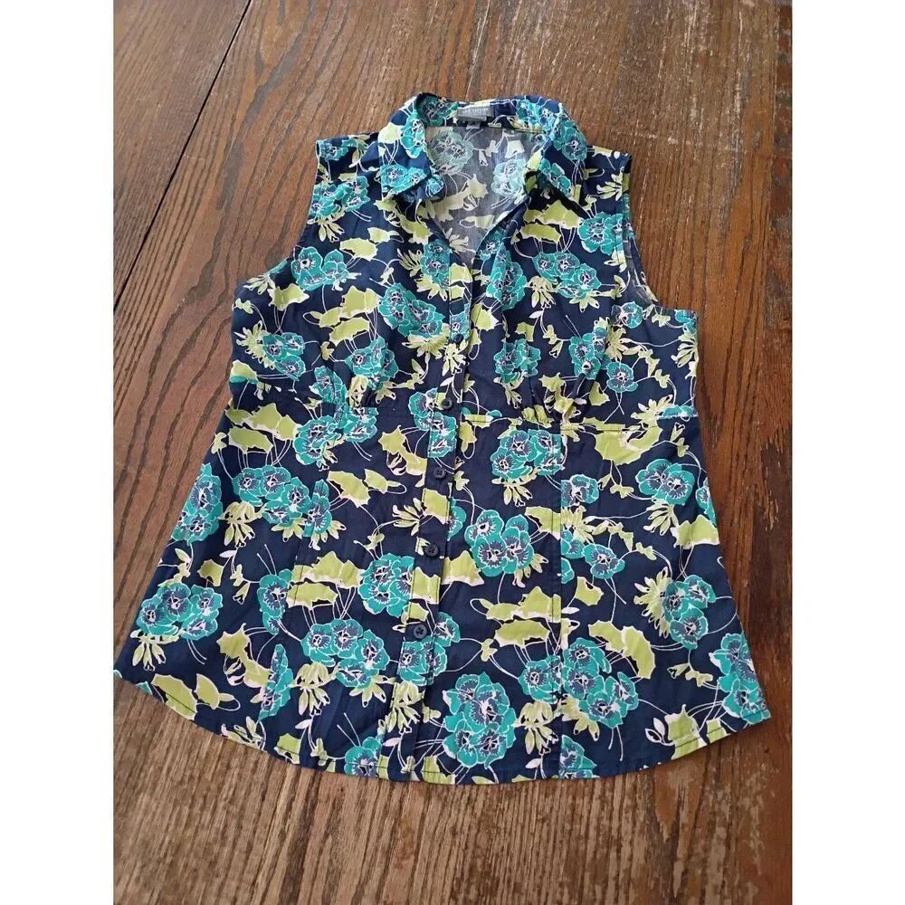 6P Ann Taylor Petite Sleeveless Floral Tank Top Muscle Shirt Button Front